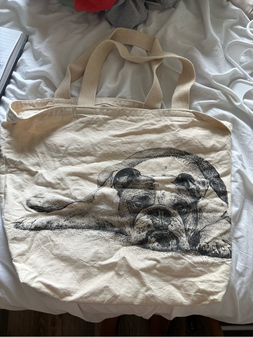 Beige Canvas Tote with Black Bulldog Illustration